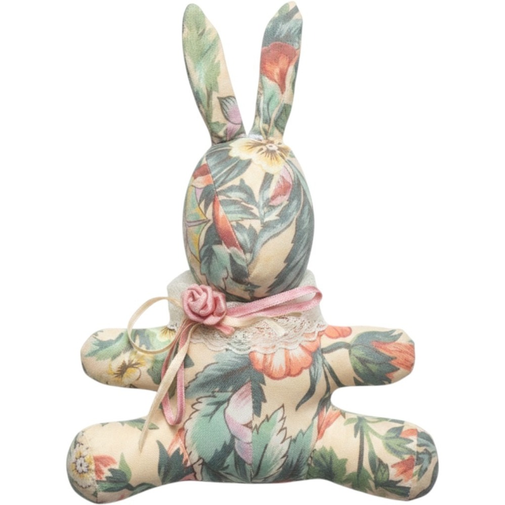 Stuffed Bunny Rabbit Plush Toy Small Multicolor Floral Chintz Lace Ribbon Decor